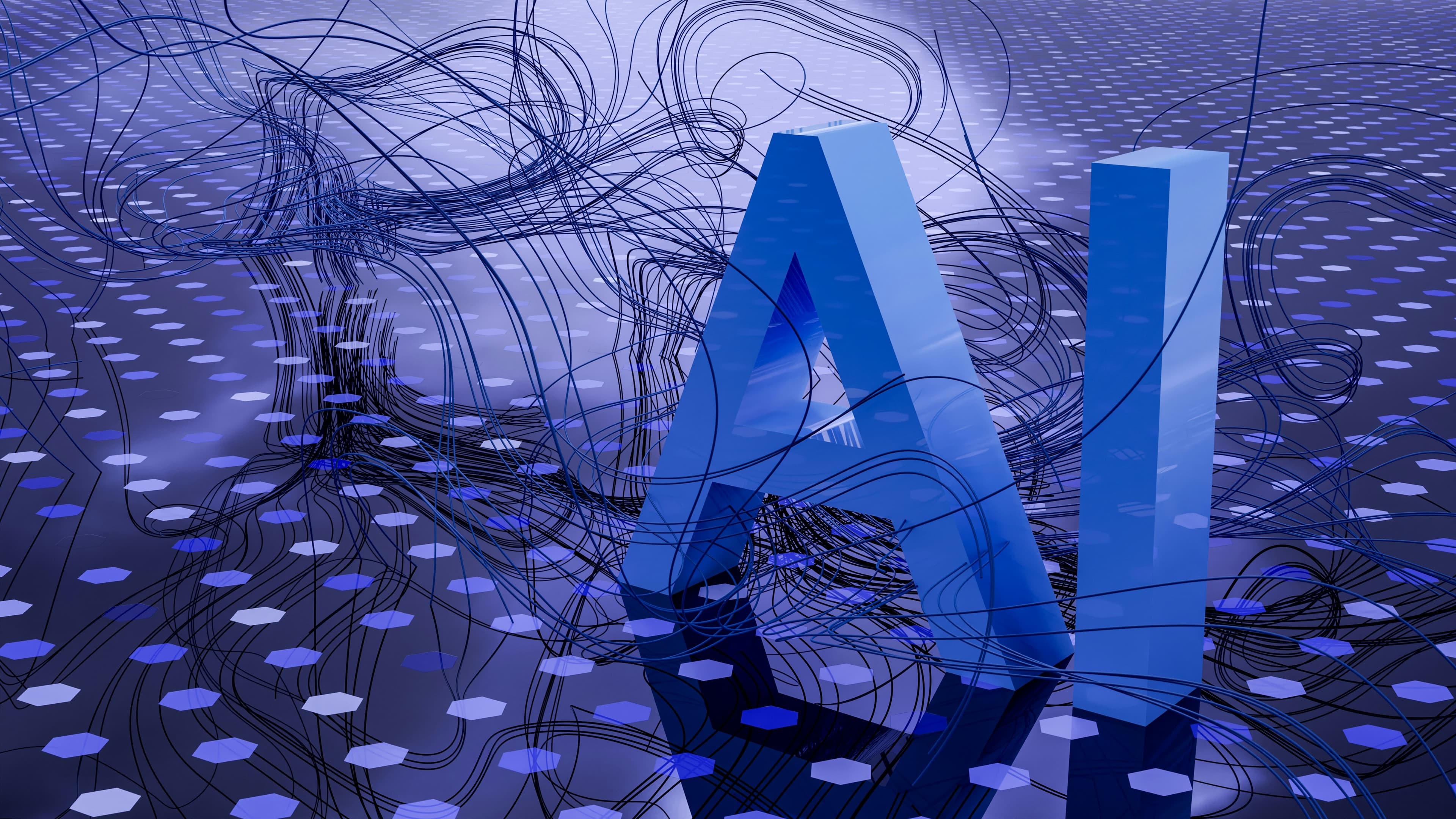 Abstract AI visualization with neural network and hexagon grid